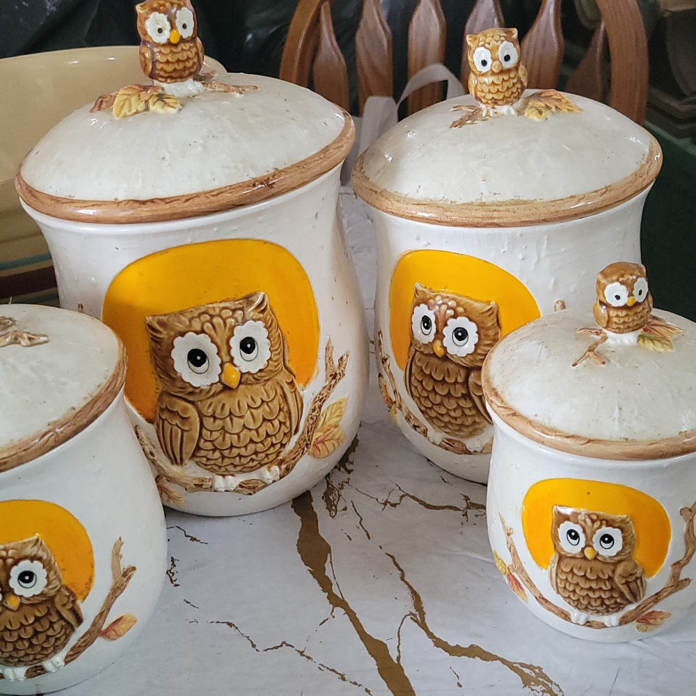 Owl-Themed Ceramic Canister Set - Cream and Yellow